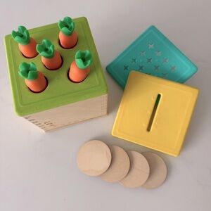 LOVEVERY 3 in 1 Activity Box : Coin Bank, Carrot Lid with Carrots and Blue lid